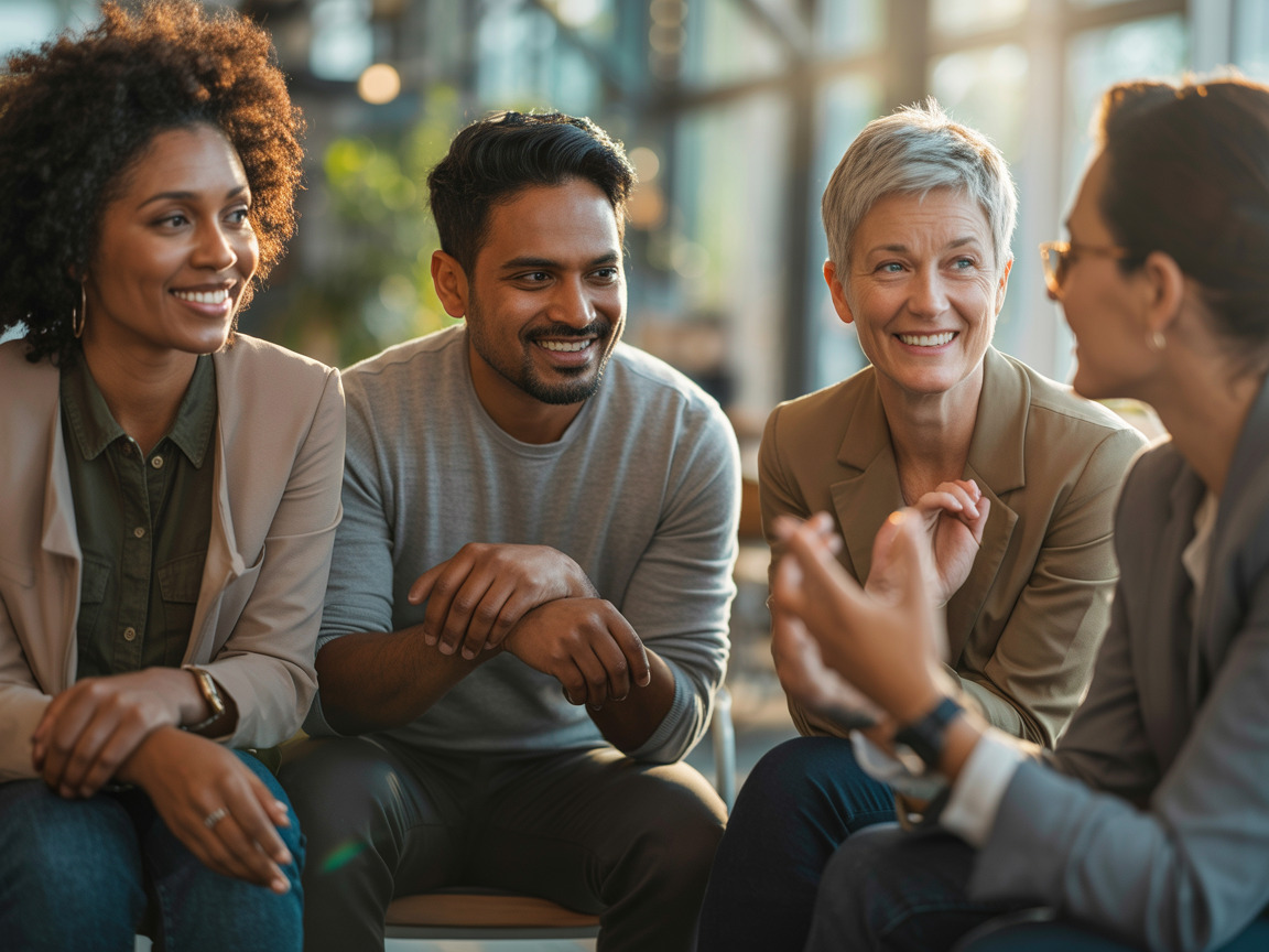 Diverse group of professionals from different backgrounds collaborating in a modern workspace